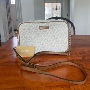 Michael Kors crossbody tan and cream purse with gold hardware